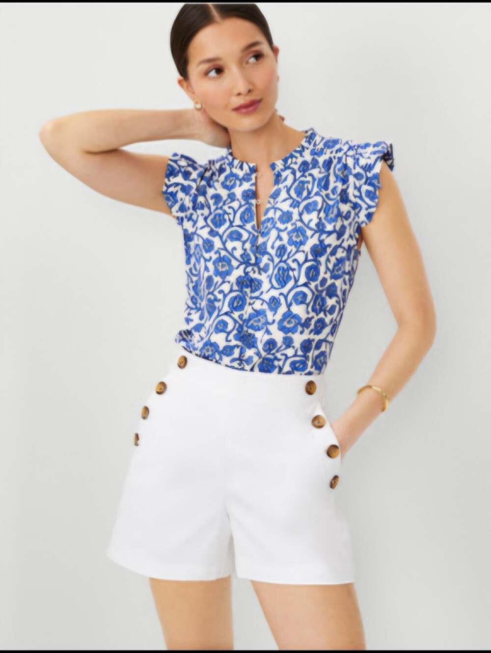 Ann Taylor Blue Floral Mixed Media Ruffle-Sleeve Women's Blouse